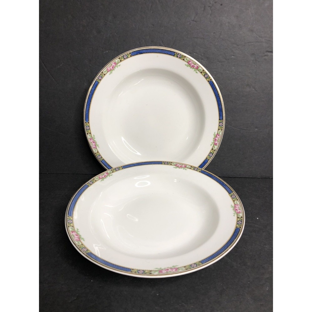 2 Steubenville Rimmed Soup Bowls Cobalt Blue Rim Pink Roses Vintage 8 3/4"